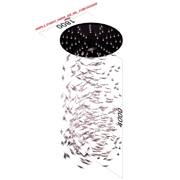 Đèn chùm lá phòng khách dimmer cao cấp kích thước: D1800 x H4000mm , mâm inox gương trắng 304, lá lông vũ  cuống mạ vàng : 320 Cái, Đèn dimmer 3 màu có điều khiển xa: 60 chiếc. KT{mm} D1800 x H4000